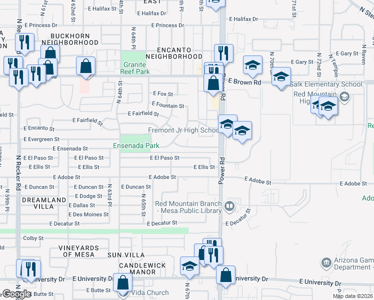 map of restaurants, bars, coffee shops, grocery stores, and more near 6651 East Ensenada Street in Mesa