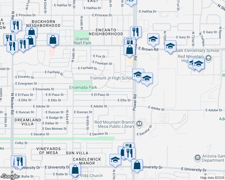 map of restaurants, bars, coffee shops, grocery stores, and more near 6651 East Ensenada Street in Mesa