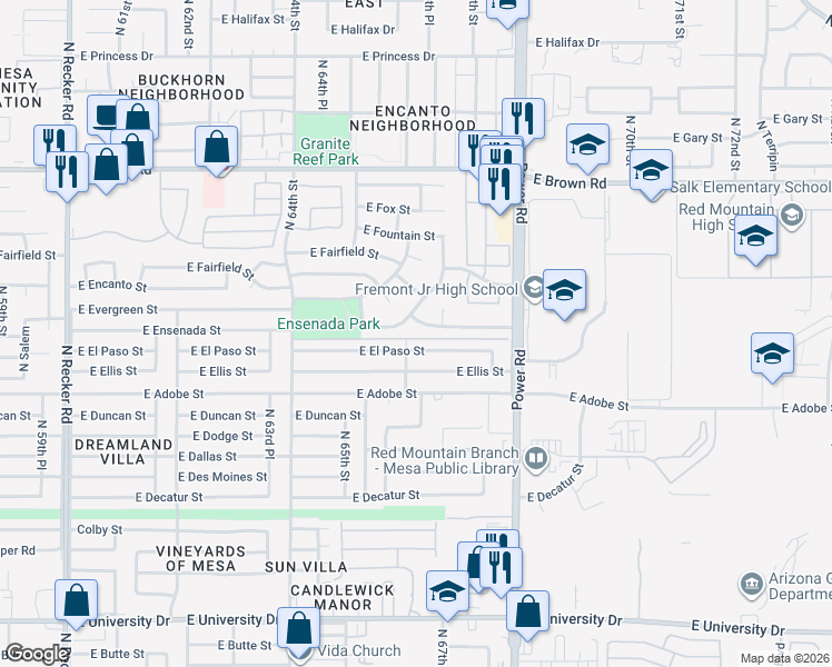 map of restaurants, bars, coffee shops, grocery stores, and more near 6610 East El Paso Street in Mesa