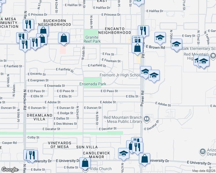 map of restaurants, bars, coffee shops, grocery stores, and more near 6525 East Ensenada Street in Mesa