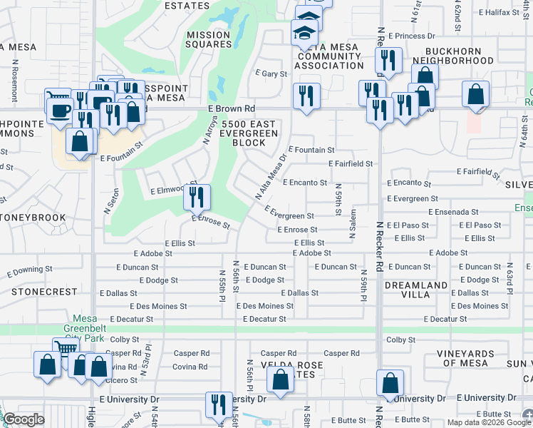 map of restaurants, bars, coffee shops, grocery stores, and more near 5651 East Evergreen Street in Mesa