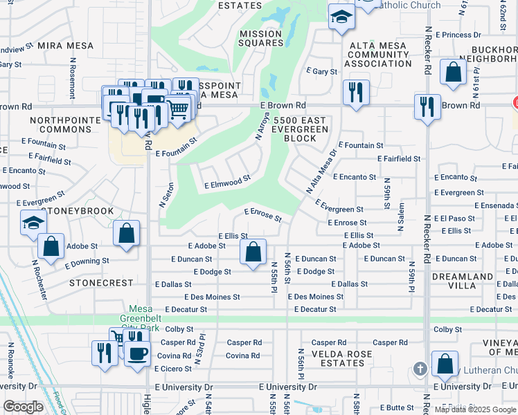 map of restaurants, bars, coffee shops, grocery stores, and more near 5504 East Enrose Street in Mesa