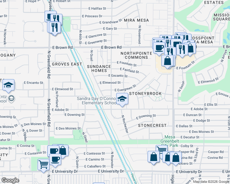 map of restaurants, bars, coffee shops, grocery stores, and more near 4803 East Evergreen Street in Mesa