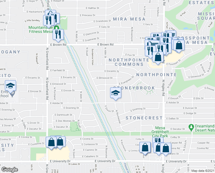 map of restaurants, bars, coffee shops, grocery stores, and more near 4803 East Evergreen Street in Mesa