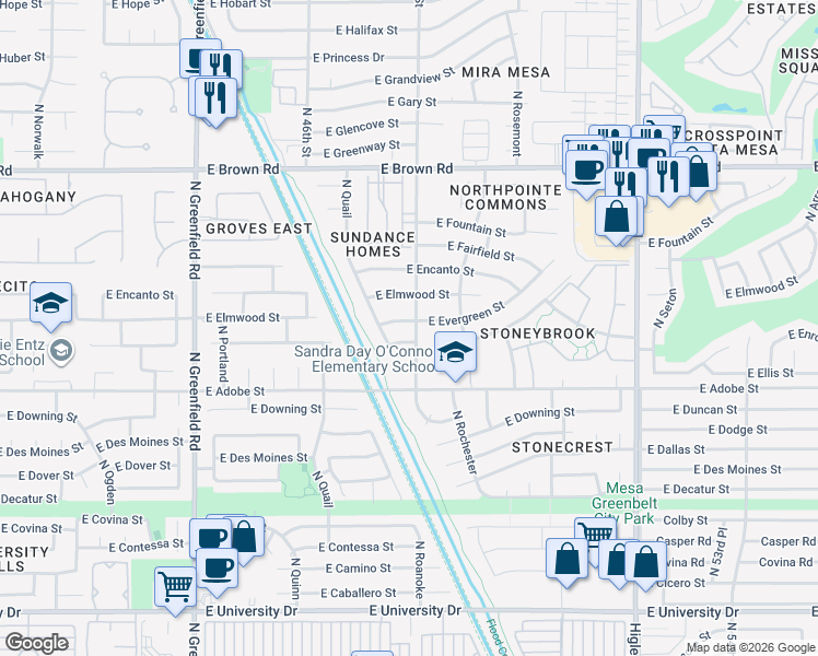 map of restaurants, bars, coffee shops, grocery stores, and more near 4803 East Evergreen Street in Mesa