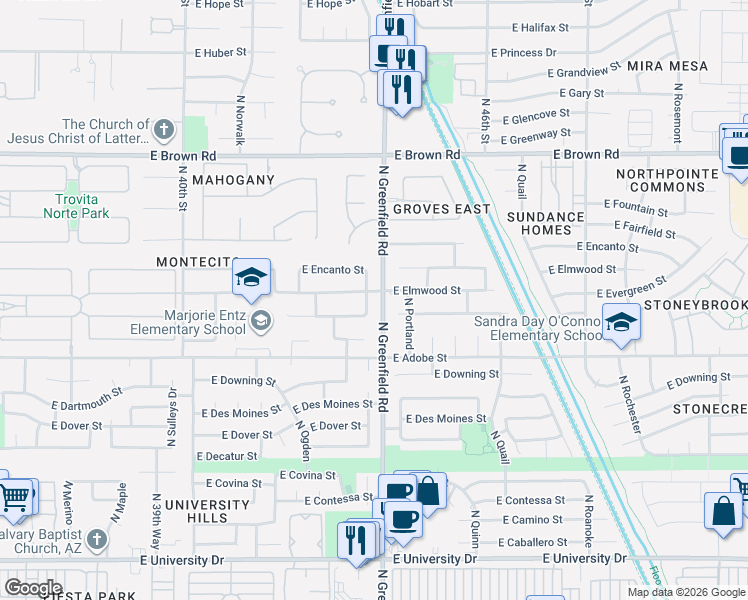 map of restaurants, bars, coffee shops, grocery stores, and more near 925 North Orlando in Mesa