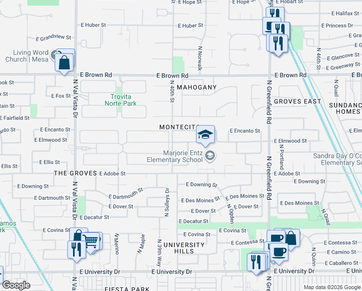 map of restaurants, bars, coffee shops, grocery stores, and more near 4025 East Elmwood Street in Mesa