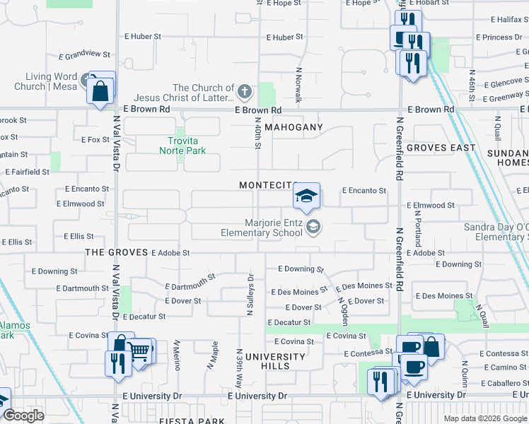 map of restaurants, bars, coffee shops, grocery stores, and more near 4025 East Elmwood Street in Mesa