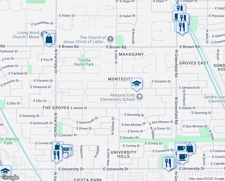 map of restaurants, bars, coffee shops, grocery stores, and more near 3957 East Elmwood Street in Mesa