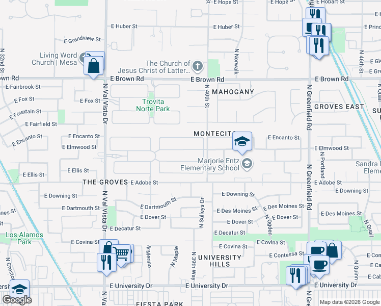 map of restaurants, bars, coffee shops, grocery stores, and more near 3917 East Elmwood Street in Mesa