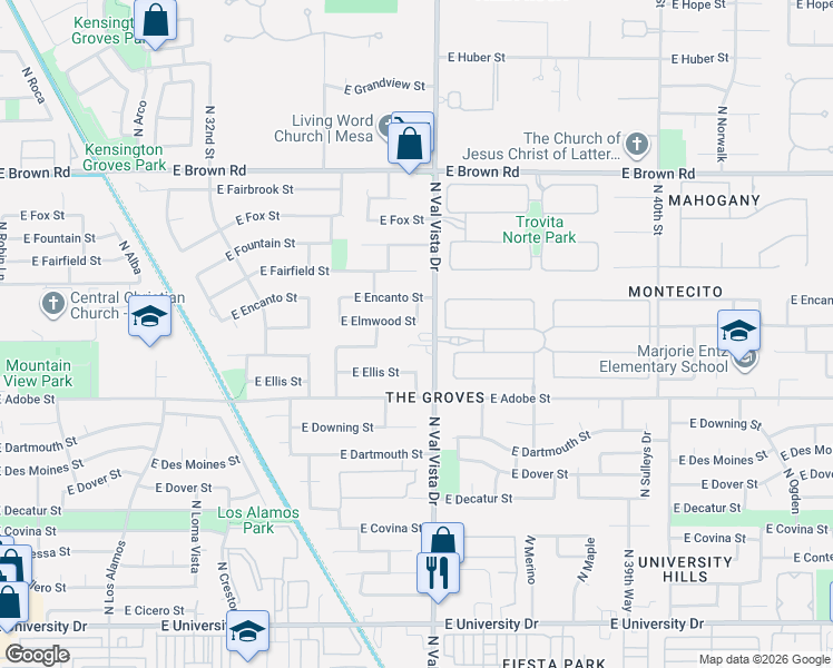 map of restaurants, bars, coffee shops, grocery stores, and more near 902 North Val Vista Drive in Mesa