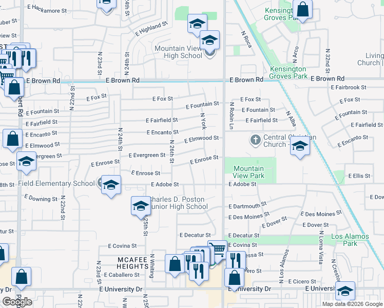 map of restaurants, bars, coffee shops, grocery stores, and more near 2637 East Evergreen Street in Mesa