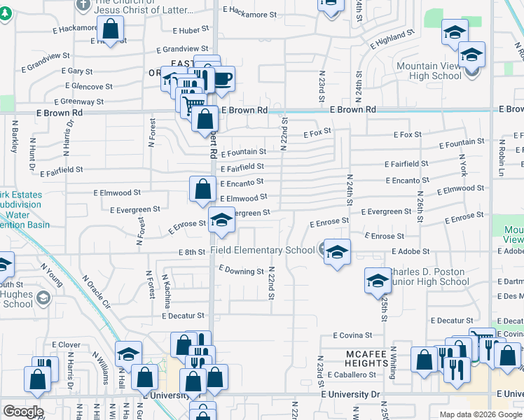 map of restaurants, bars, coffee shops, grocery stores, and more near 2141 East Evergreen Street in Mesa