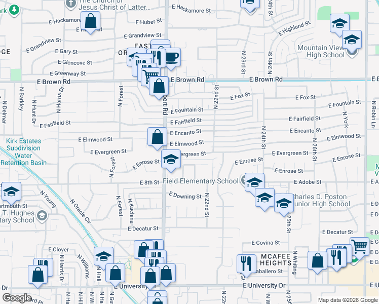 map of restaurants, bars, coffee shops, grocery stores, and more near 2064 East Evergreen Street in Mesa