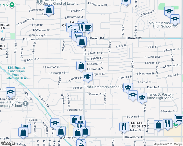 map of restaurants, bars, coffee shops, grocery stores, and more near 2018 East Evergreen Street in Mesa