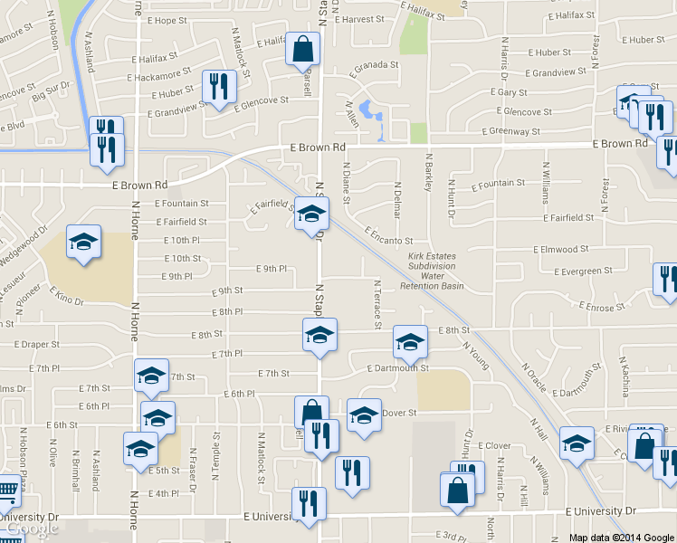 map of restaurants, bars, coffee shops, grocery stores, and more near 1235 East Evergreen Street in Mesa