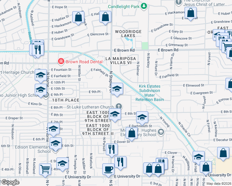 map of restaurants, bars, coffee shops, grocery stores, and more near 1235 East Evergreen Street in Mesa