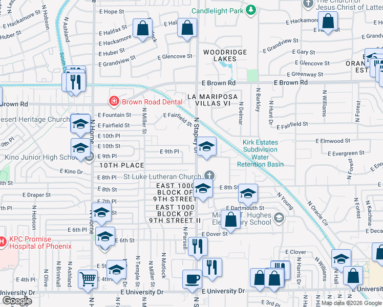 map of restaurants, bars, coffee shops, grocery stores, and more near 914 North Stapley Drive in Mesa