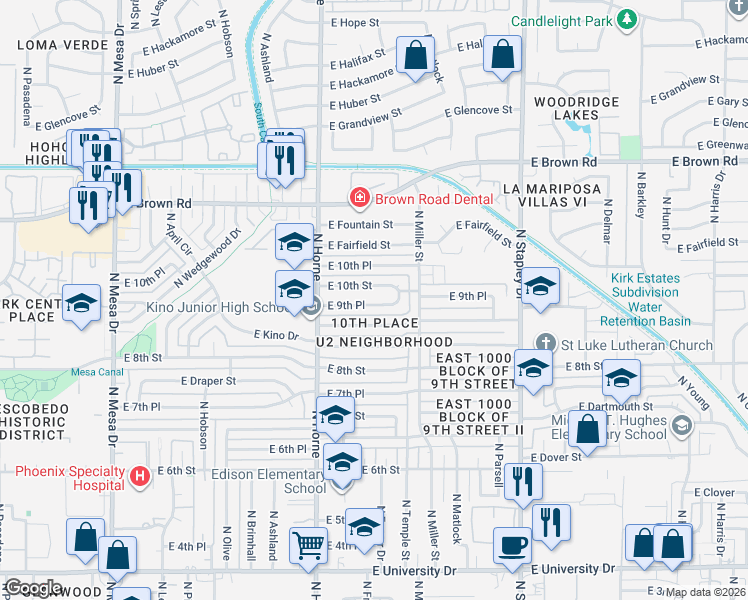 map of restaurants, bars, coffee shops, grocery stores, and more near 906 East 9th Place in Mesa