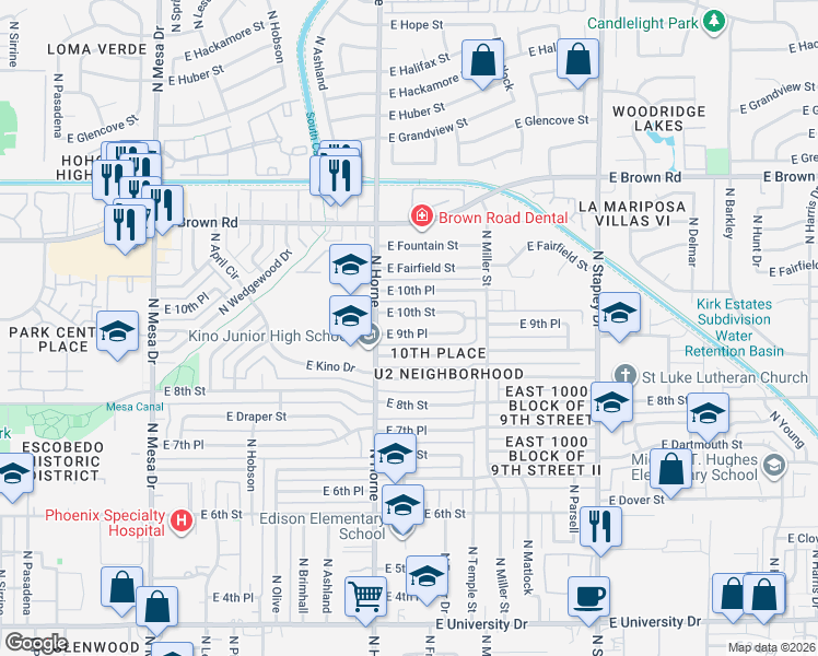 map of restaurants, bars, coffee shops, grocery stores, and more near 832 East 9th Place in Mesa