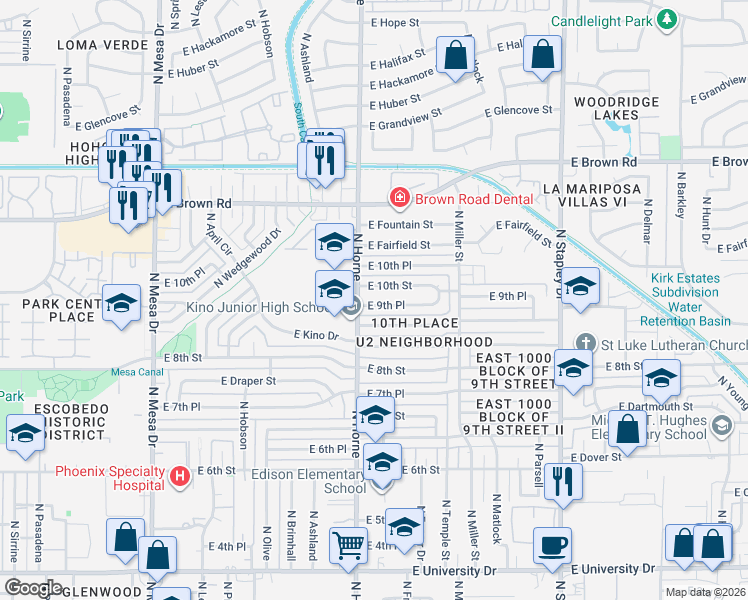 map of restaurants, bars, coffee shops, grocery stores, and more near 832 East 9th Place in Mesa