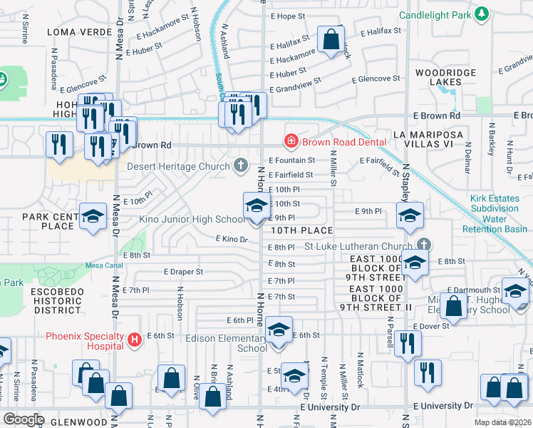 map of restaurants, bars, coffee shops, grocery stores, and more near 832 East 9th Place in Mesa
