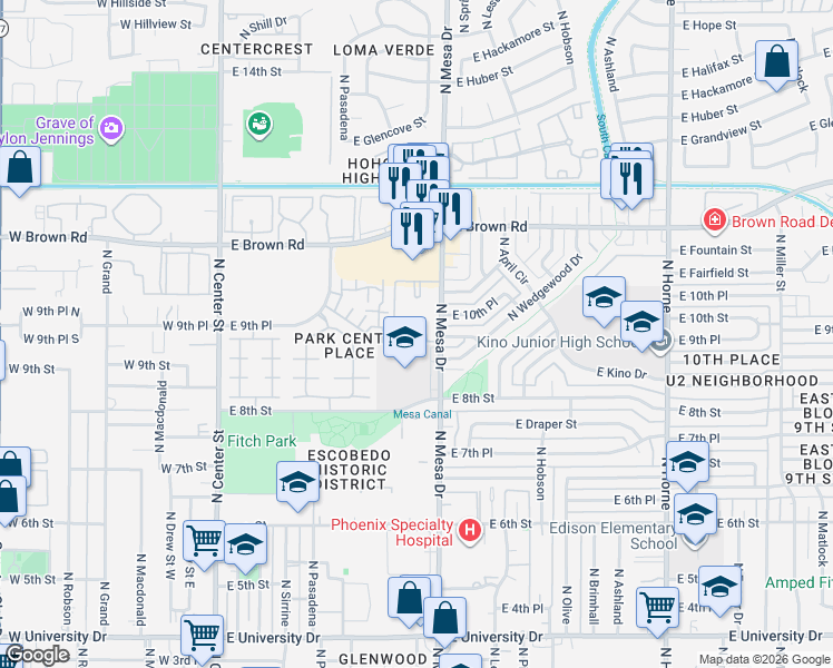 map of restaurants, bars, coffee shops, grocery stores, and more near 930 North Mesa Drive in Mesa