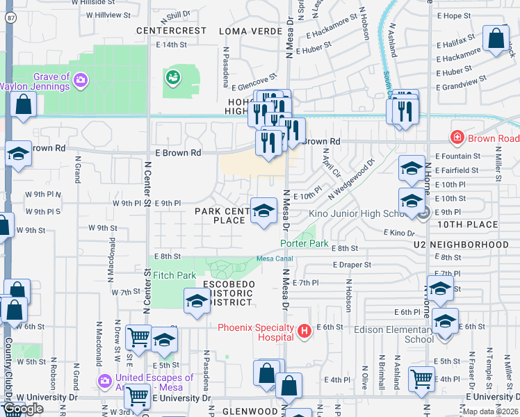 map of restaurants, bars, coffee shops, grocery stores, and more near 1001 North Pasadena in Mesa