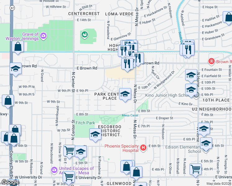 map of restaurants, bars, coffee shops, grocery stores, and more near 1001 North Pasadena in Mesa