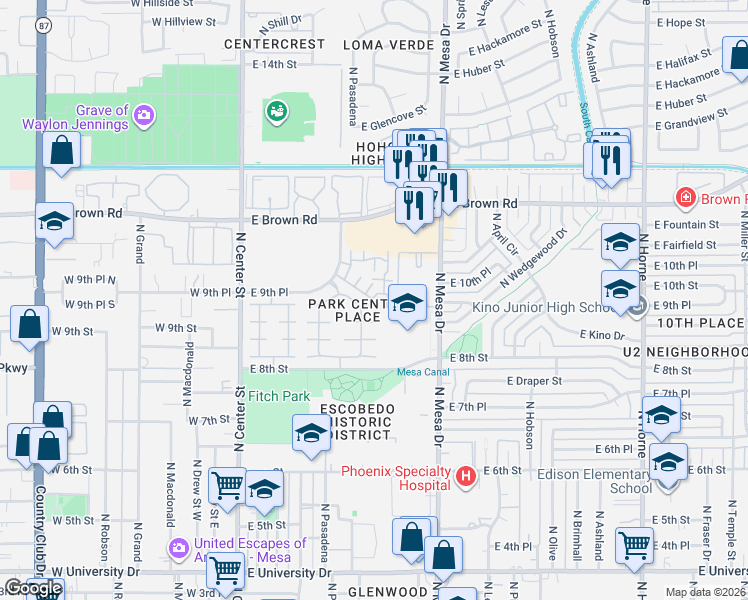 map of restaurants, bars, coffee shops, grocery stores, and more near 1001 North Pasadena in Mesa