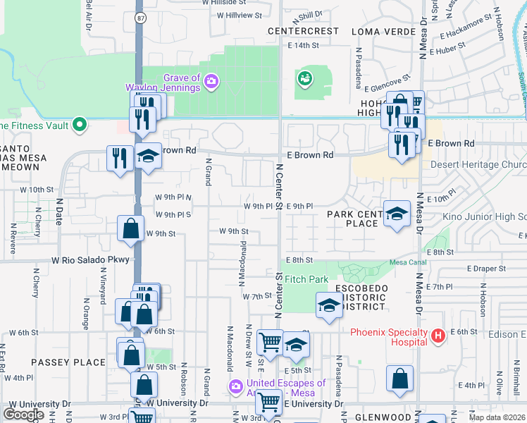 map of restaurants, bars, coffee shops, grocery stores, and more near 39 West 9th Place in Mesa