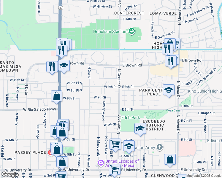 map of restaurants, bars, coffee shops, grocery stores, and more near 39 West 9th Place in Mesa