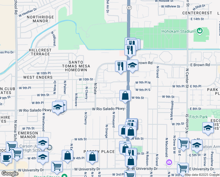 map of restaurants, bars, coffee shops, grocery stores, and more near 528 West 9th Place in Mesa