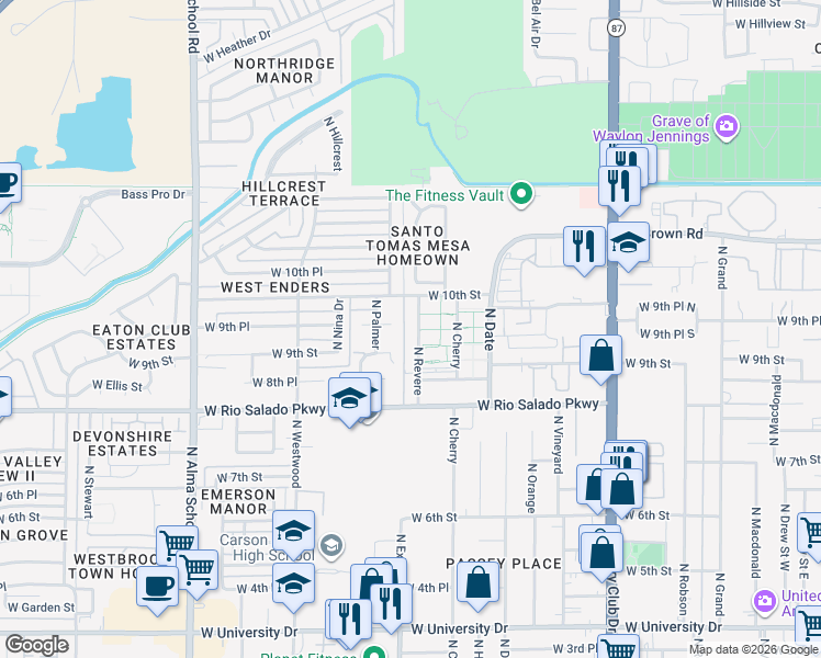 map of restaurants, bars, coffee shops, grocery stores, and more near 919 North Revere in Mesa