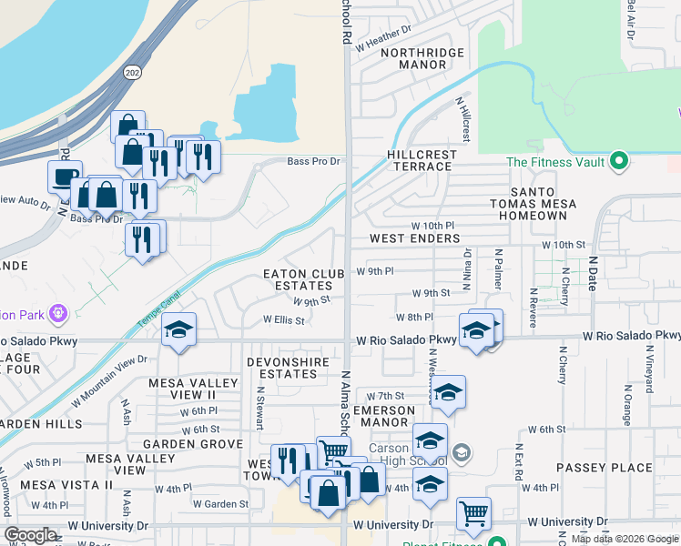 map of restaurants, bars, coffee shops, grocery stores, and more near 1215 West Esplanade Street in Mesa
