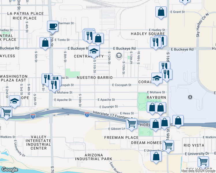 map of restaurants, bars, coffee shops, grocery stores, and more near 1203 East Cocopah Street in Phoenix