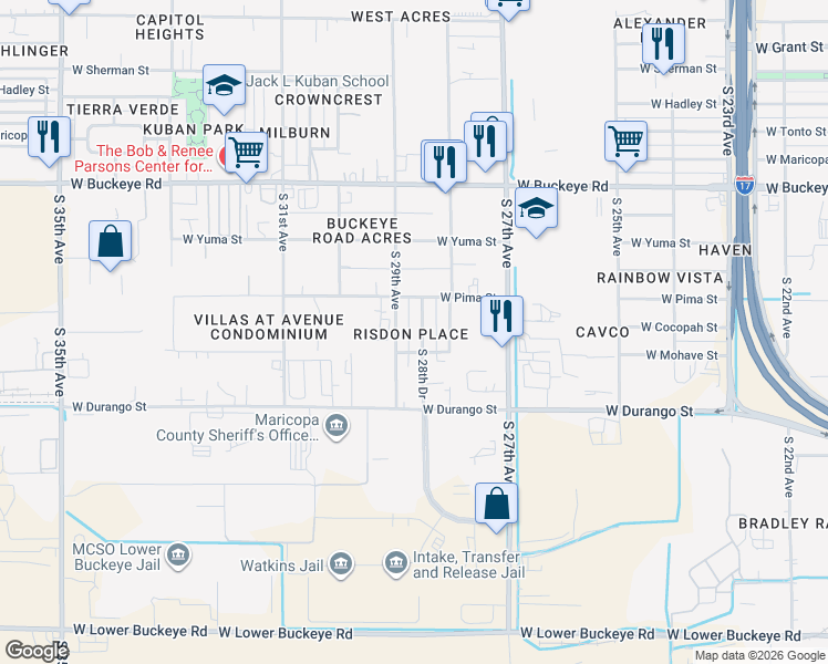 map of restaurants, bars, coffee shops, grocery stores, and more near 1711 South 28th Drive in Phoenix