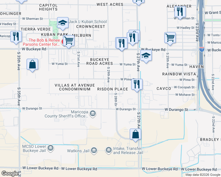 map of restaurants, bars, coffee shops, grocery stores, and more near 2915 West Pima Street in Phoenix