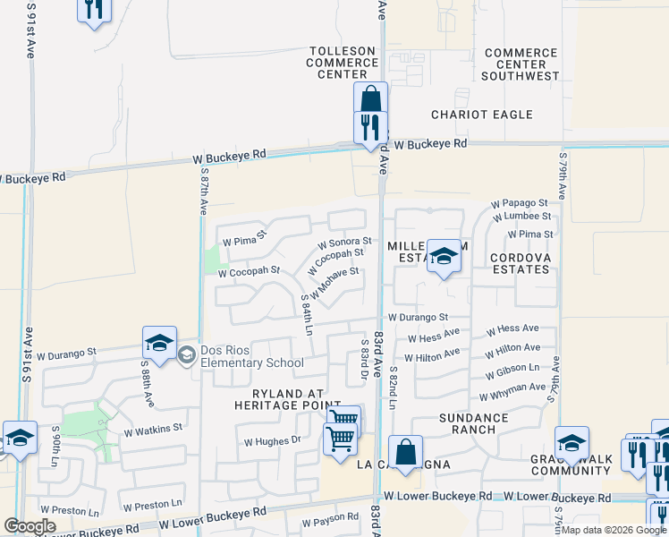 map of restaurants, bars, coffee shops, grocery stores, and more near 8330 West Mohave Street in Tolleson