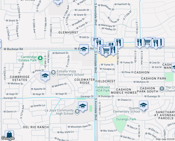 map of restaurants, bars, coffee shops, grocery stores, and more near 11569 West Yuma Street in Avondale
