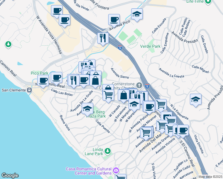 map of restaurants, bars, coffee shops, grocery stores, and more near 111 Chiquita in San Clemente