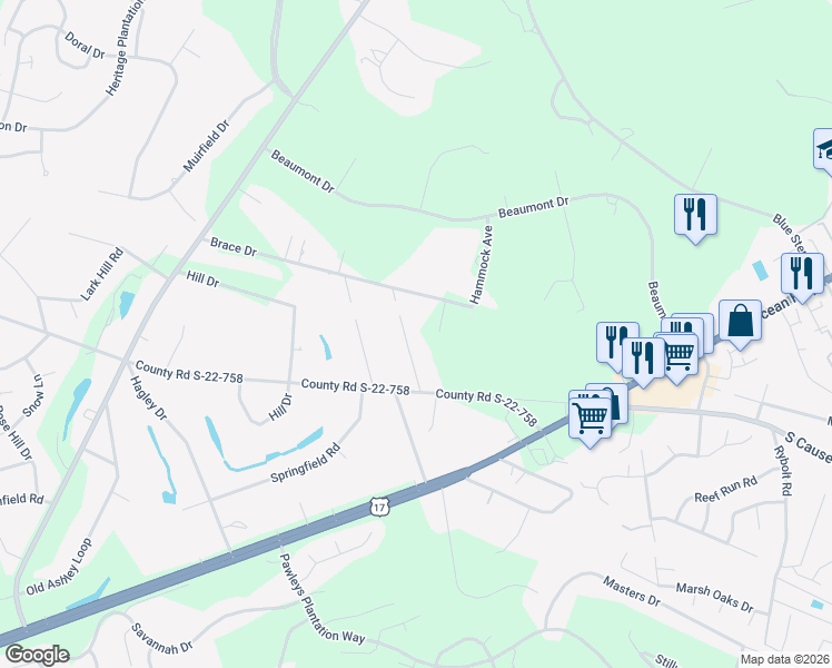 map of restaurants, bars, coffee shops, grocery stores, and more near 108 Silver Hill Lane in Pawleys Island