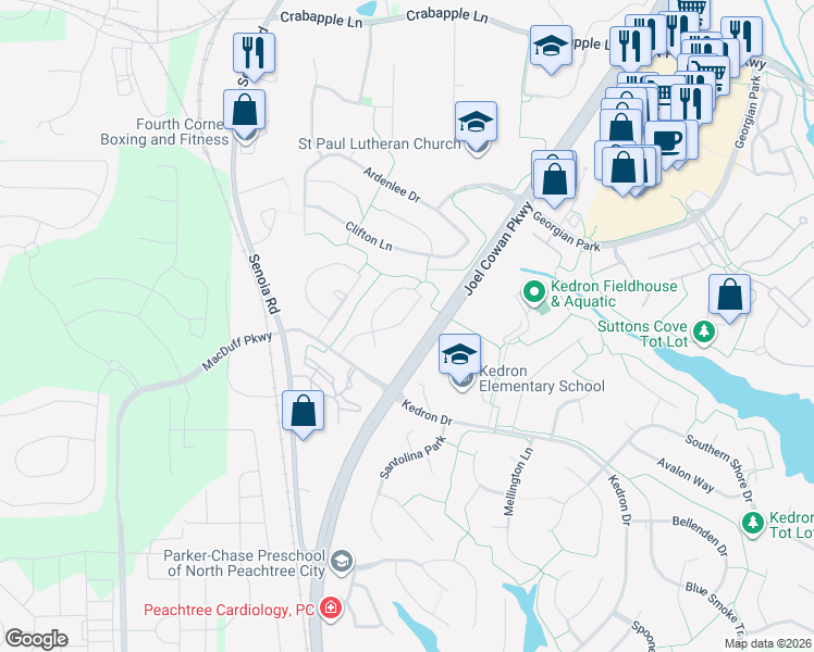 map of restaurants, bars, coffee shops, grocery stores, and more near 116 Sagamore Lane in Peachtree City
