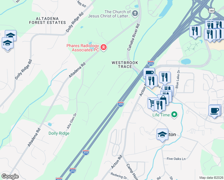 map of restaurants, bars, coffee shops, grocery stores, and more near 2678 Denyse Drive in Birmingham