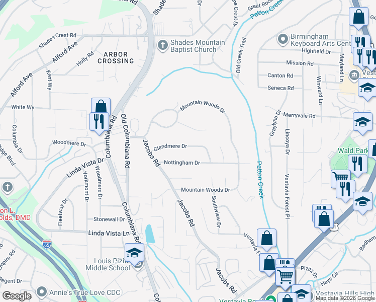 map of restaurants, bars, coffee shops, grocery stores, and more near 1837 Glendmere Drive in Vestavia Hills