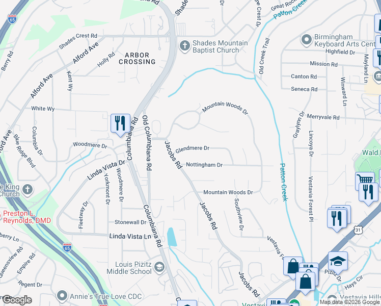 map of restaurants, bars, coffee shops, grocery stores, and more near 1817 Glendmere Drive in Vestavia Hills