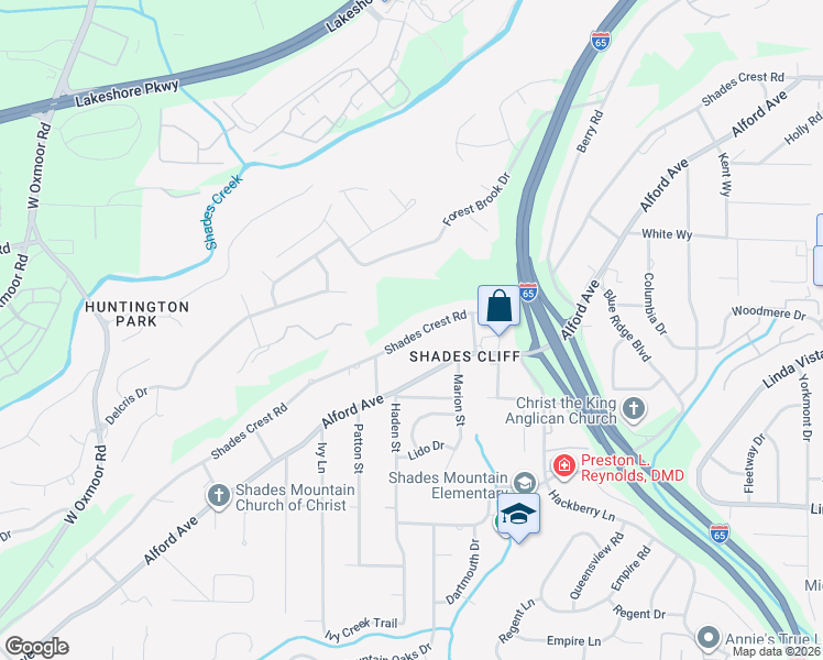 map of restaurants, bars, coffee shops, grocery stores, and more near 1120 Shades Crest Road in Birmingham