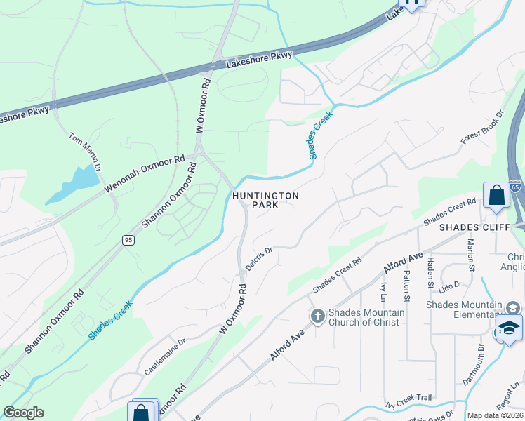 map of restaurants, bars, coffee shops, grocery stores, and more near 2512 Huntington Parc Court in Birmingham
