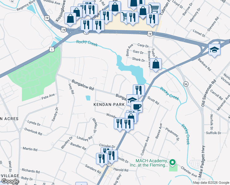 map of restaurants, bars, coffee shops, grocery stores, and more near 2202 Bungalow Rd in Augusta