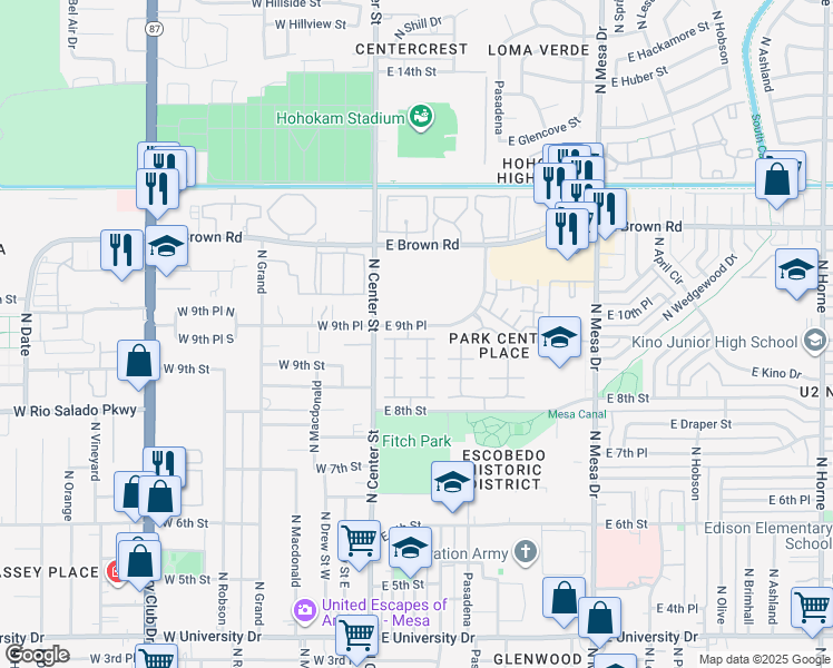 map of restaurants, bars, coffee shops, grocery stores, and more near 45 East 9th Place in Mesa